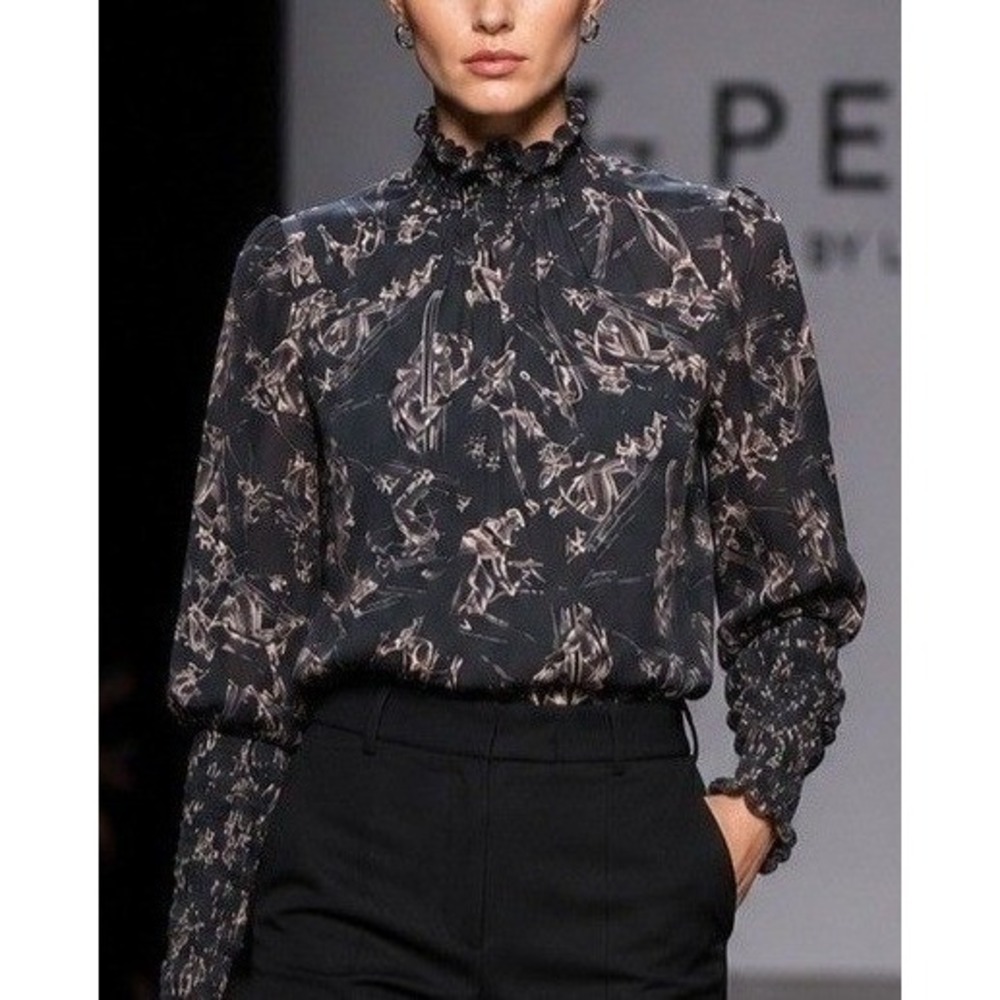 Lela‎ Rose Pearl Ski Toile Print Smocked Mock Neck Blouse XS Top Rare